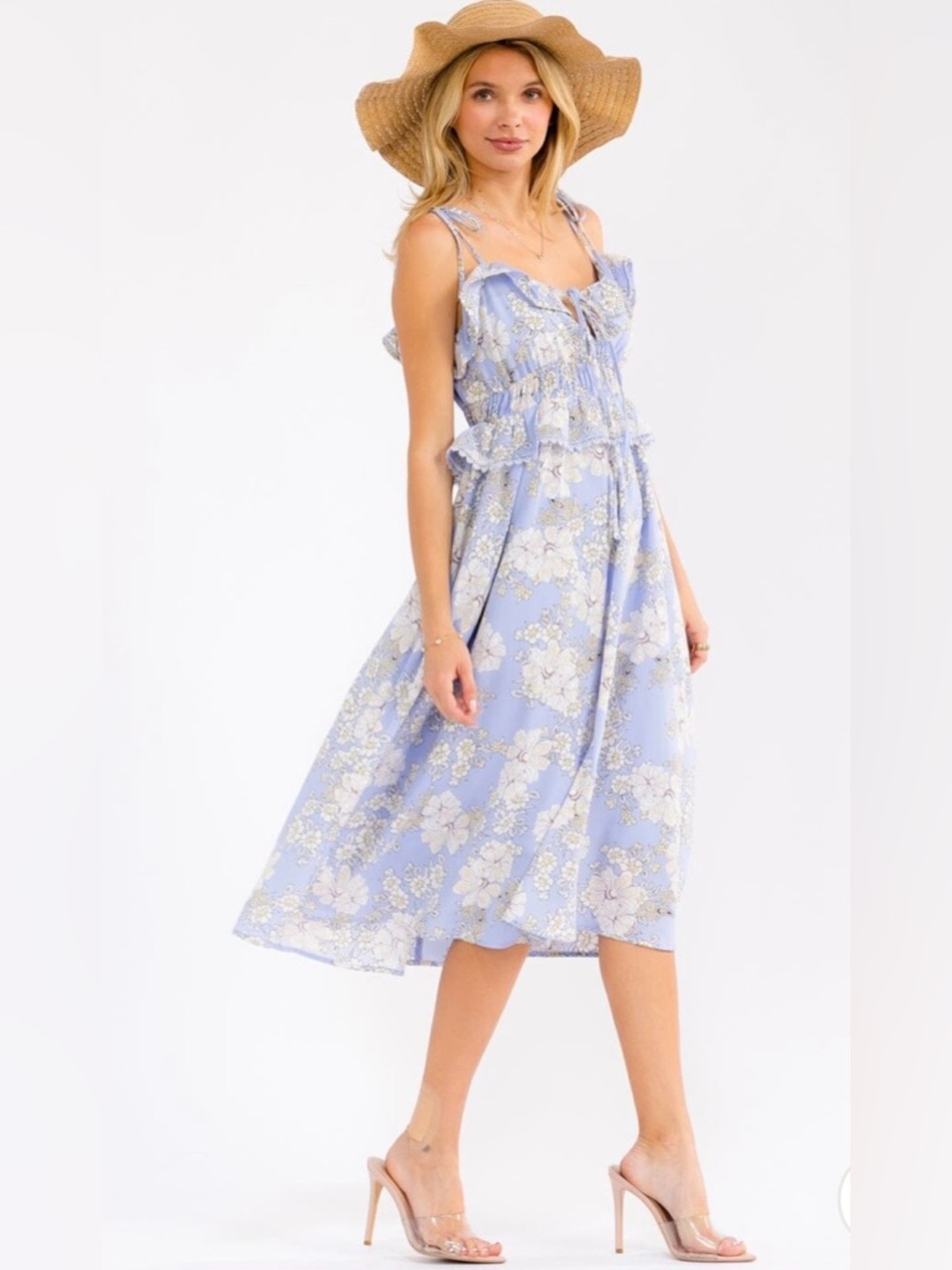 Floral Cream Sky Blue Dress ✨